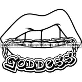 Lips Mouth Teeth Bite Biting Gold Chain Necklace Goddess Text Design Element Face Sexy Gangster Grill Thug Mean Mug Bling Jewelry Position Head Cartoon Character Mascot Creation Create Woman Female Girl Lady Artwork Creator Company Logo Clipart SVG