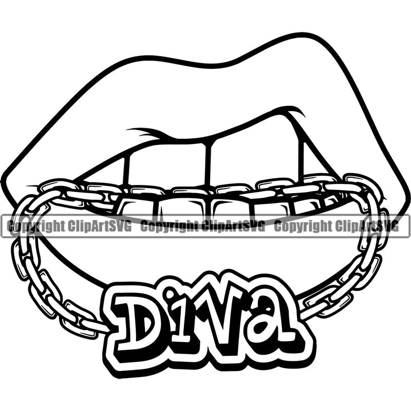 Lips Gold Chain And Teeth Diva Text Design Element Face Male Man Boy Mouth Bite Biting Position Head Cartoon Character Mascot Create Gangster Grill Thug Mean Mug Bling Jewelry Artwork Creator Business Company Logo Clipart SVG
