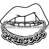 Lips Gold Teeth Chain Princess Text Design Element Face Sexy Mouth Woman Female Girl Lady Position Head Cartoon Character Mascot Creation Create Art Gangster Grill Thug Mean Mug Bite Biting Bling Creator Business Company Logo Clipart SVG