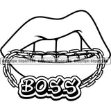 Lips Bite Biting Gold Teeth Boss Woman Female Girl Lady Design Element Face Sexy Mouth Position Head Cartoon Character Mascot Creation Create Art Artwork Gangster Grill Thug Mean Mug Bling Business Company Logo Clipart SVG