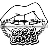 Lips Boss Bitch Gold Teeth Bite Biting Design Element Face Sexy Mouth Position Woman Female Girl Lady Cartoon Character Mascot Creation Create Gangster Grill Thug Mean Mug Bling Jewelry Artwork Creator Company Logo Clipart SVG