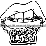 Lips Boss Lady Text Gold Teeth Design Element Face Sexy Mouth Position Bite Biting Woman Female Girl Lady Cartoon Character Mascot \Create Art  Gangster Grill Thug Mean Mug Creator Business Company Logo Clipart SVG