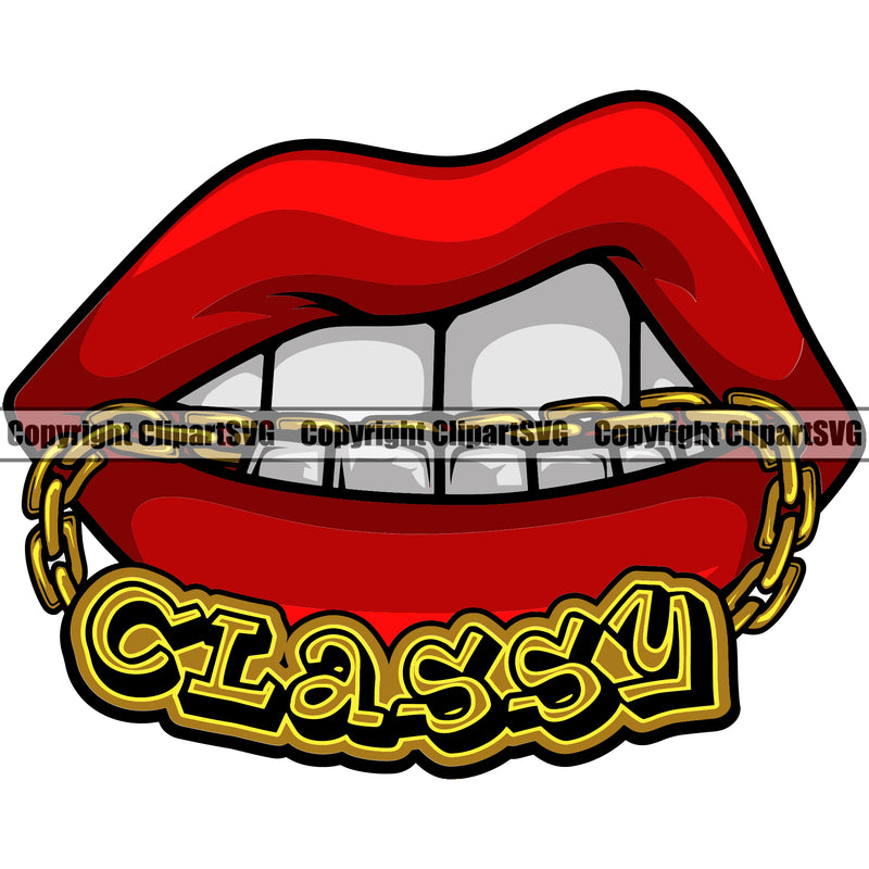 Lips Mouth Teeth Bite Biting Gold Chain Necklace Classy Text Color Design Element Face Sexy Position Woman Female Girl Lady Cartoon Character Mascot Creation Create Art Artwork Creator Business Company Logo Clipart SVG