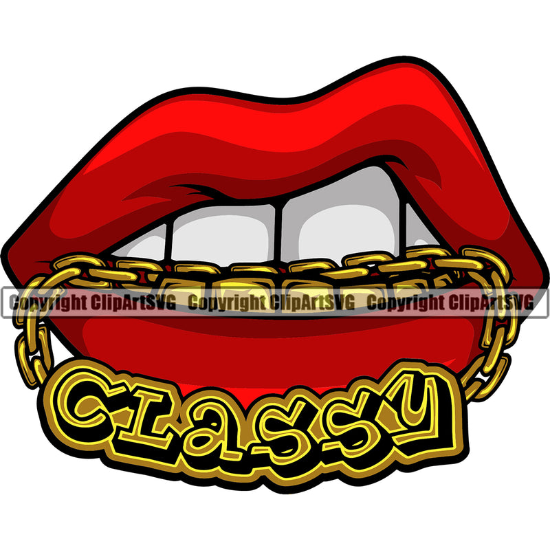 Lips Mouth Gold Teeth Bite Biting Gold Chain Necklace Classy Text Design Element Face Sexy Gangster Grill Thug Mean Mug Bling Position Head Cartoon Character Mascot Creation Create Art Artwork Woman Female Girl Lady Business Company Logo Clipart SVG