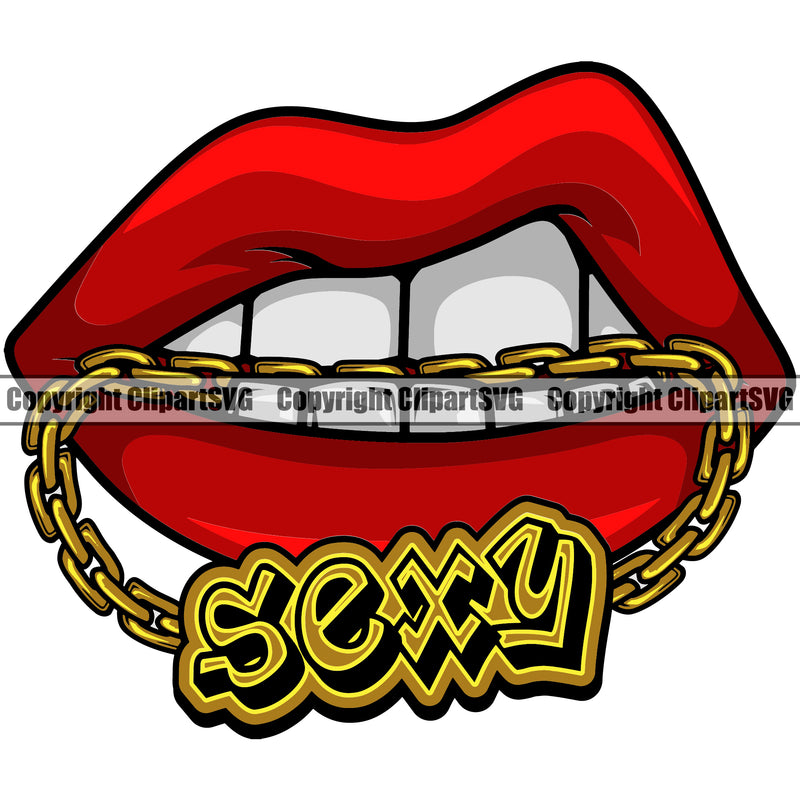 Lips Mouth Teeth Bite Biting Gold Chain Necklace Sexy Text Design Element Face Sexy Position Head Woman Female Girl Lady Cartoon Character Mascot Creation Create Art Artwork Creator Business Company Logo Clipart SVG