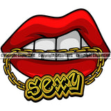 Lips Mouth Teeth Bite Biting Gold Chain Necklace Sexy Text Design Element Face Sexy Position Head Woman Female Girl Lady Cartoon Character Mascot Creation Create Art Artwork Creator Business Company Logo Clipart SVG