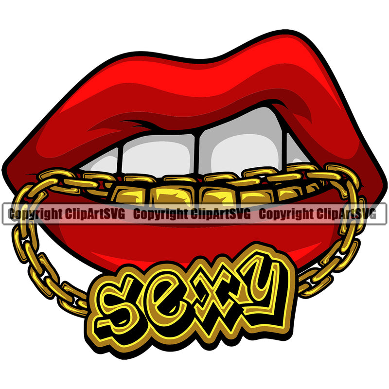 Lips Mouth Gold Teeth Bite Biting Gold Chain Necklace Sexy Text Design Element Face Sexy Woman Female Girl Lady Position Head Cartoon Character Mascot Creation Create Art Gangster Grill Thug Mean Mug Bling Creator Business Company Logo Clipart SVG