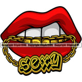 Lips Mouth Gold Teeth Bite Biting Gold Chain Necklace Sexy Text Design Element Face Sexy Woman Female Girl Lady Position Head Cartoon Character Mascot Creation Create Art Gangster Grill Thug Mean Mug Bling Creator Business Company Logo Clipart SVG