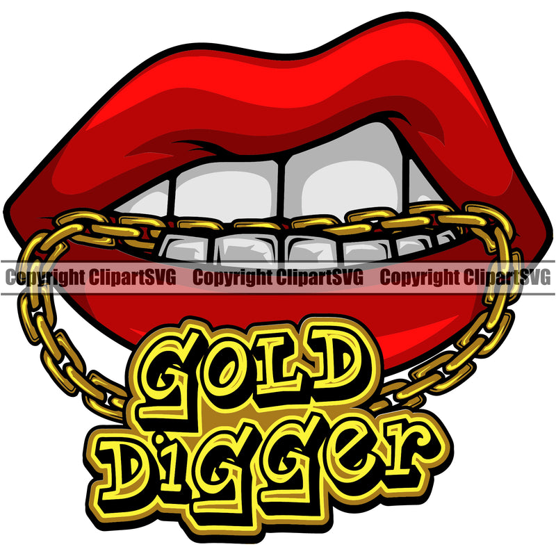 Lips Mouth Gold Teeth Bite Biting Gold Chain Necklace Gold Digger Text Design Element Face Sexy Position Woman Female Girl Lady Cartoon Character Mascot Creation Create Art Artwork Creator Business Company Logo Clipart SVG