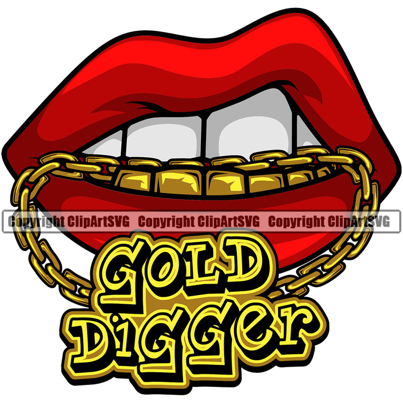 Lips Mouth Gold Teeth Bite Biting Gold Chain Necklace Gold Digger Text Design Element Face Sexy Gangster Grill Thug Mean Mug Bling Position Head Cartoon Character Mascot Creation Create Art Artwork Woman Female Girl Lady Business Company Logo Clipart SVG