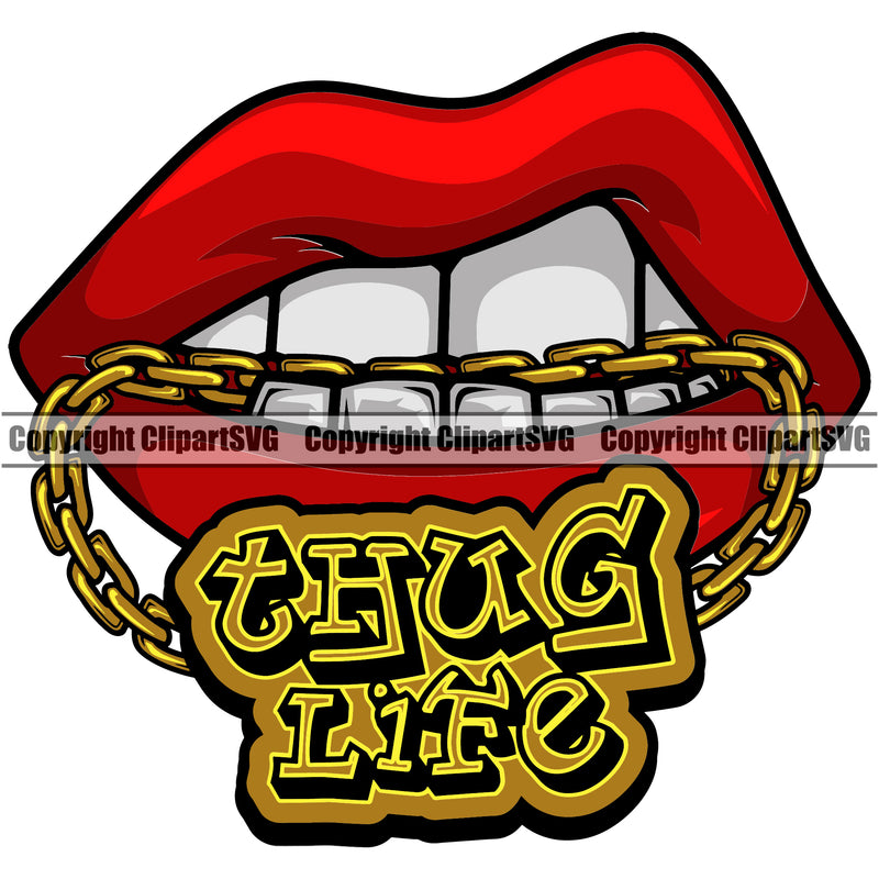Lips Mouth Teeth Bite Biting Gold Chain Necklace Thug Life Text Color Design Element Face Sexy Position Woman Female Girl Lady Cartoon Character Mascot Creation Create Art Artwork Creator Business Company Logo Clipart SVG