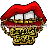 Lips Mouth Gold Teeth Bite Biting Gold Chain Necklace Thug Life Text Design Element Face Sexy Gangster Grill Thug Mean Mug Bling Jewelry Position Head Cartoon Character Mascot Woman Female Girl Lady Create Artwork Creator Company Logo Clipart SVG