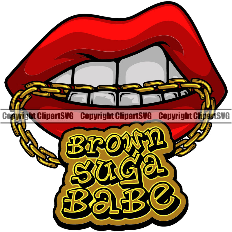 Lips Mouth Teeth Bite Biting Gold Chain Necklace Brown Suga Babe Design Element Face Sexy Position Woman Female Girl Lady Cartoon Character Mascot Creation Create Art Artwork Creator Business Company Logo Clipart SVG