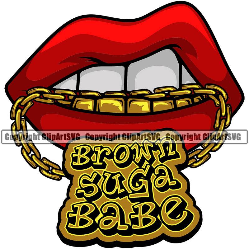 Lips Mouth Teeth Bite Biting Gold Chain Necklace Teeth Brown Suga Babe Design Element Face Sexy Gangster Grill Thug Mean Mug Bling Position Head Cartoon Character Mascot Creation Create Art Woman Female Girl Lady Creator Company Logo Clipart SVG