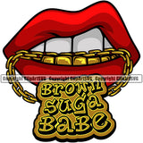 Lips Mouth Teeth Bite Biting Gold Chain Necklace Teeth Brown Suga Babe Design Element Face Sexy Gangster Grill Thug Mean Mug Bling Position Head Cartoon Character Mascot Creation Create Art Woman Female Girl Lady Creator Company Logo Clipart SVG