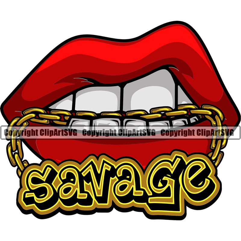 Lips Mouth Teeth Bite Biting Gold Chain Necklace Savage Design Element Face Sexy Position Head Cartoon Woman Female Girl Lady Character Mascot Creation Create Art Artwork Creator Business Company Logo Clipart SVG