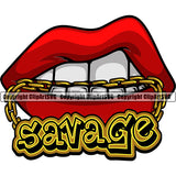 Lips Mouth Teeth Bite Biting Gold Chain Necklace Savage Design Element Face Sexy Position Head Cartoon Woman Female Girl Lady Character Mascot Creation Create Art Artwork Creator Business Company Logo Clipart SVG