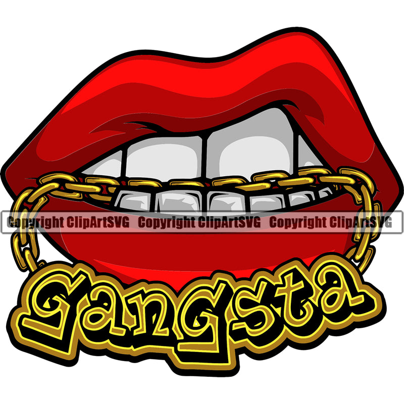 Lips Mouth Teeth Bite Biting Gold Chain Necklace Gangster Text Woman Female Girl Lady Text Design Element Face Sexy Position Head Cartoon Character Mascot Creation Create Art Artwork Creator Business Company Logo Clipart SVG