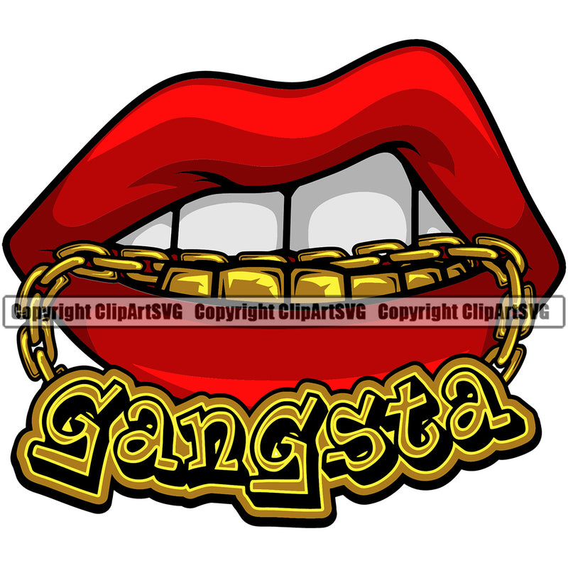 Lips Mouth Bottom Gold Teeth Bite Biting Gold Chain Necklace Gangster Text Design Element Face Woman Female Gangster Grill Thug Mean Bling Jewelry Lady Position Head Cartoon Mascot Creation Create Art Creator Business Company Logo Clipart SVG