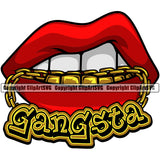 Lips Mouth Bottom Gold Teeth Bite Biting Gold Chain Necklace Gangster Text Design Element Face Woman Female Gangster Grill Thug Mean Bling Jewelry Lady Position Head Cartoon Mascot Creation Create Art Creator Business Company Logo Clipart SVG