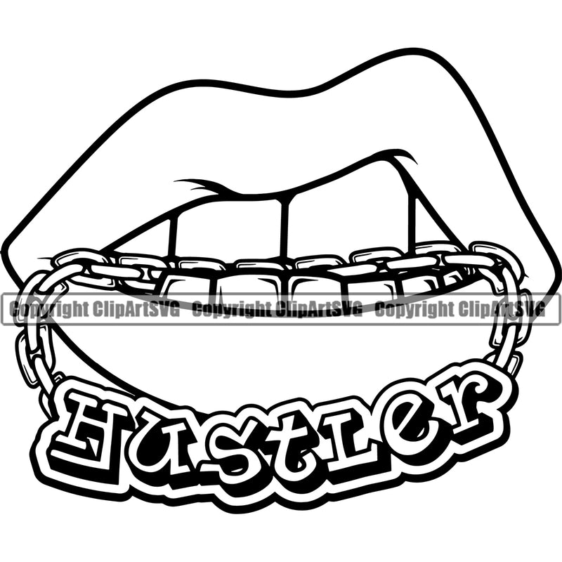 Lips Mouth Teeth Bite Biting Gold Chain Necklace Hustler Text Design Element Face Sexy Position Head Cartoon Character Mascot Woman Female Girl Lady Creation Create Art Artwork Creator Business Company Logo Clipart SVG