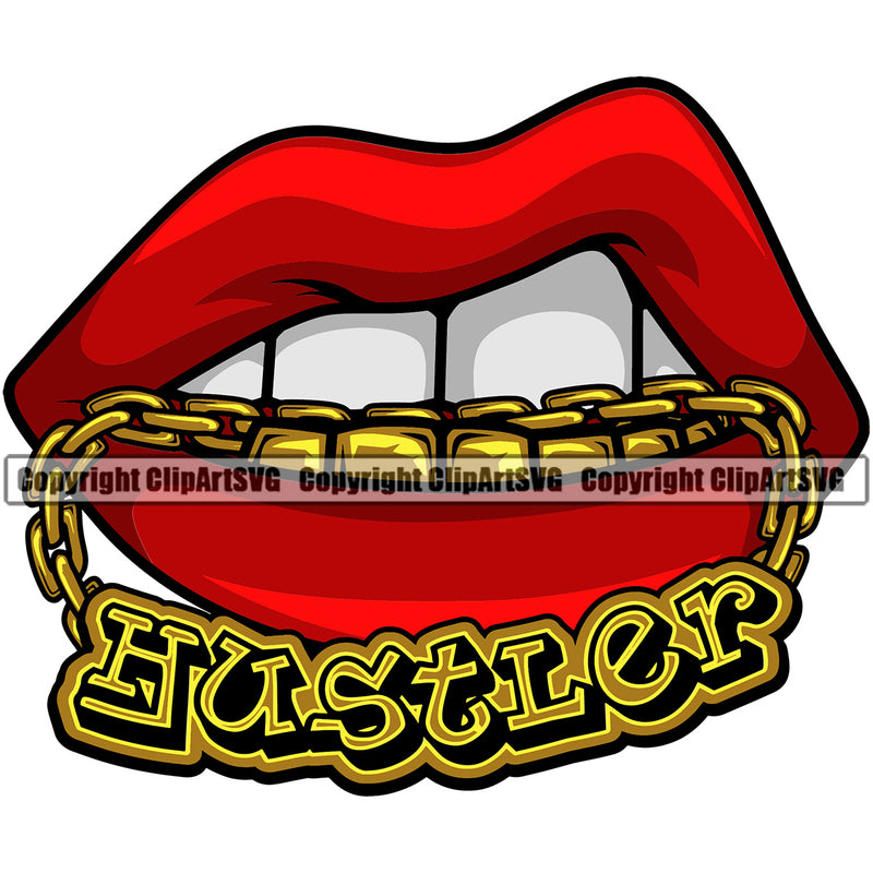 Lips Mouth Teeth Bite Biting Gold Chain Necklace Hustler Text Design Element Female Girl Lady Sexy Position Head Cartoon Character Mascot Creation Create Gangster Grill Thug Mean Mug Bling Jewelry Artwork Creator Business Company Logo Clipart SVG