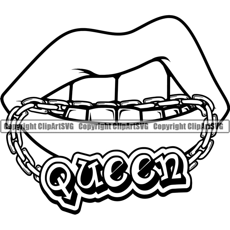 Lips Mouth Teeth Bite Biting Gold Chain Necklace Queen Text Design Element Face Sexy Position Head Cartoon Character Mascot Creation Create Art Woman Female Girl Lady Gangster Grill Thug Mean Mug Bling Jewelry Business Company Logo Clipart SVG