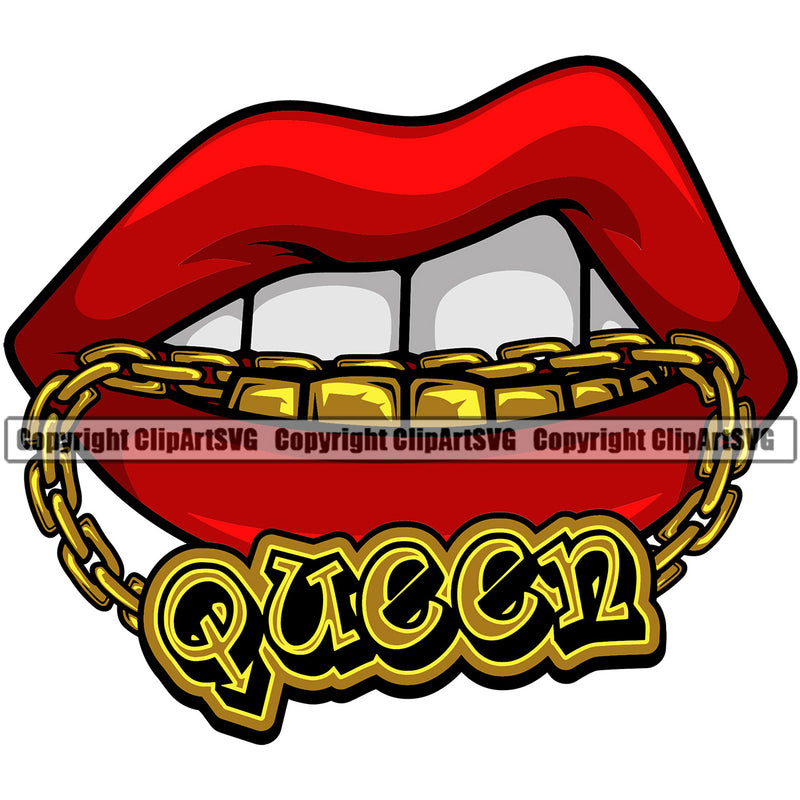 Lips Mouth Gold Teeth Bite Biting Gold Chain Necklace Queen Text Design Element Face Sexy Woman Female Gangster Grill Thug Mean Mug Bling Lady Position Head Character Mascot Creation Art Artwork Creator Business Company Logo Clipart SVG