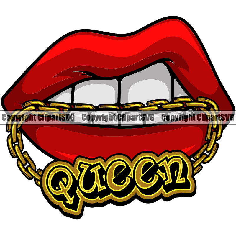 Lips Mouth Teeth Bite Biting Gold Chain Necklace Queen Text Design Element  Woman Female Girl Lady Face Sexy Gangster Grill Thug Mean Mug Bling Jewelry Position Head Cartoon Character Mascot Create Art Artwork Creator Company Logo Clipart SVG