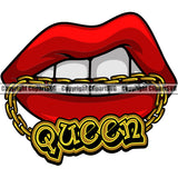 Lips Mouth Teeth Bite Biting Gold Chain Necklace Queen Text Design Element  Woman Female Girl Lady Face Sexy Gangster Grill Thug Mean Mug Bling Jewelry Position Head Cartoon Character Mascot Create Art Artwork Creator Company Logo Clipart SVG