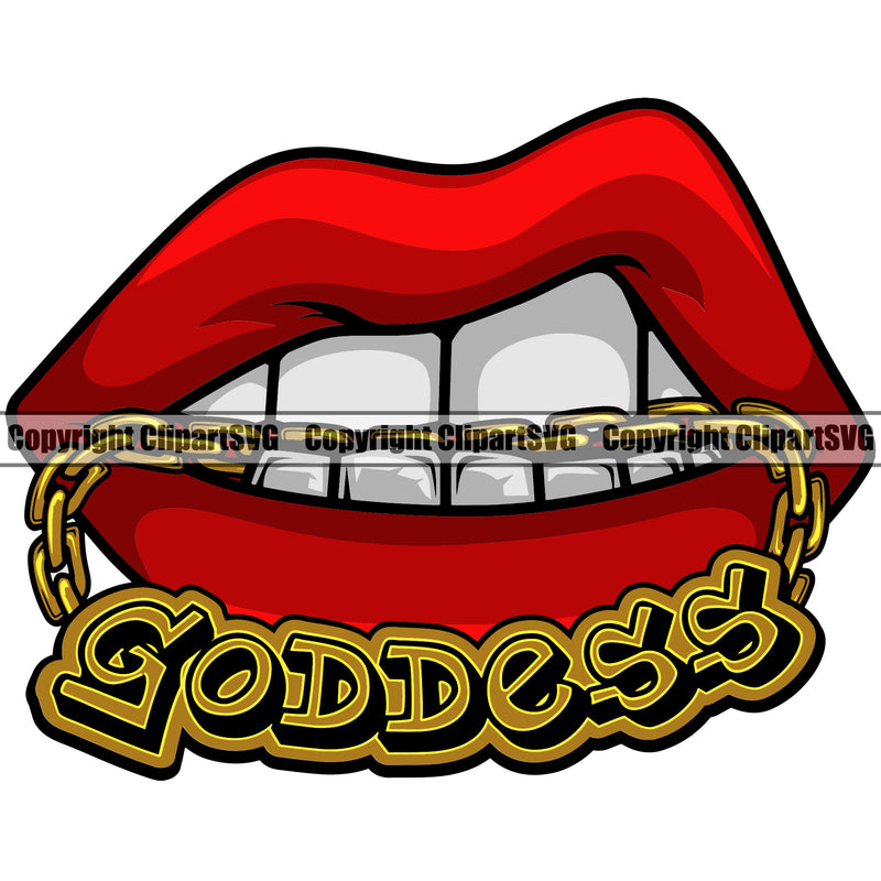 Lips Mouth Teeth Bite Biting Gold Chain Necklace Goddess Text Design Element Face Sexy Mouth Position Woman Female Girl Lady Cartoon Character Mascot Creation Create Art Artwork Creator Business Company Logo Clipart SVG