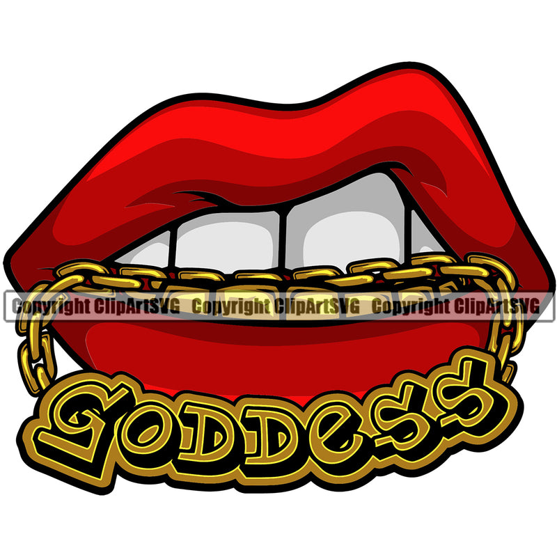 Lips Mouth Teeth Bite Biting Gold Chain Necklace Goddess Text Design Element Face Gangster Grill Thug Mean Mug Bling Jewelry Position Head Cartoon Character Mascot Creation Create Art Artwork Creator Business Company Logo Clipart SVG