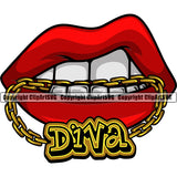 Lips Mouth Teeth Bite Biting Gold Chain Necklace Diva Text Design Element Face Sexy Position Woman Female Girl Lady Cartoon Character Mascot Creation Create Art Gangster Grill Thug Mean Mug Bling Creator Business Company Logo Clipart SVG