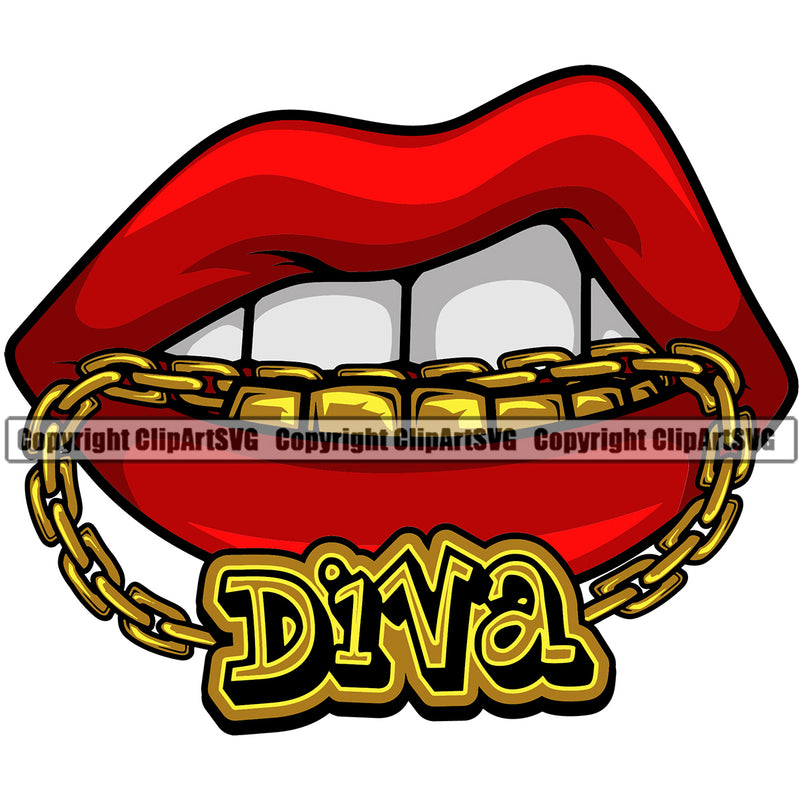 Lips Mouth Bottom Gold Teeth Bite Biting Gold Chain Necklace Diva Text Design Element Face Sexy Position Woman Female Girl Lady Head Cartoon Character Mascot Gangster Grill Thug Mean Mug Create Art Artwork Creator Business Company Logo Clipart SVG