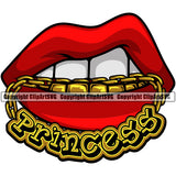 Lips Mouth Teeth Bite Biting Gold Chain Necklace With Princess Text Woman Female Girl Lady Design Element Gangster Grill Thug Mean Mug Bling Sexy Position Head Cartoon Character Mascot Creation Create Art Artwork Creator Business Company Logo Clipart SVG