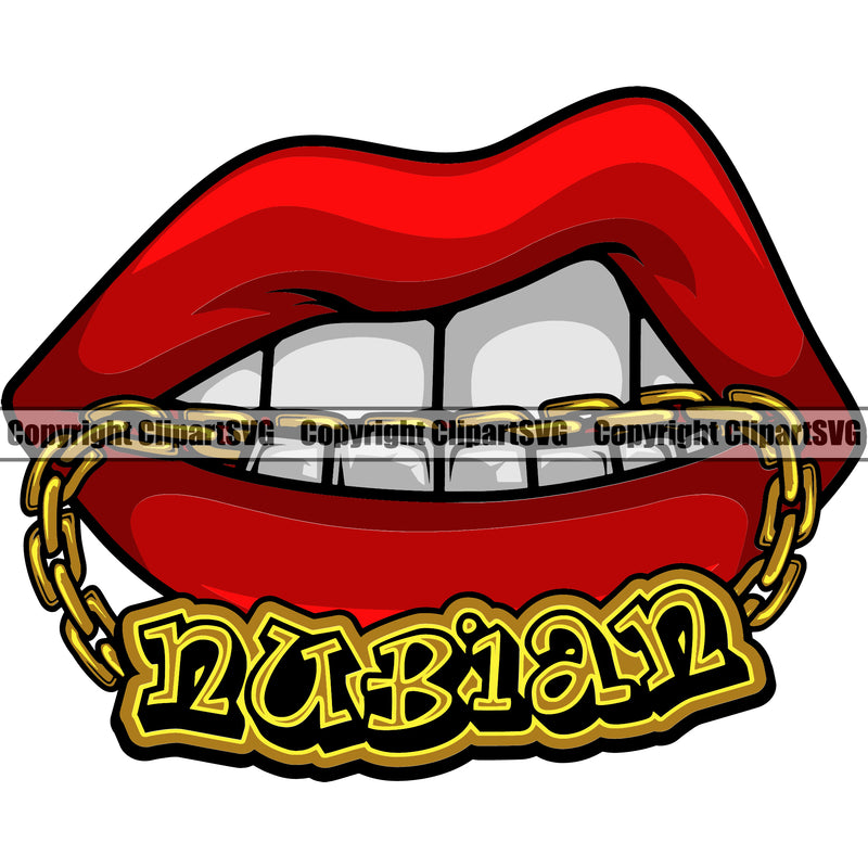 Lips Mouth Teeth Bite Biting Gold Chain Necklace Nubian Text Design Element Face Sexy Woman Female Girl Lady Position Head Cartoon Character Mascot Creation Create Art Artwork Creator Business Company Logo Clipart SVG