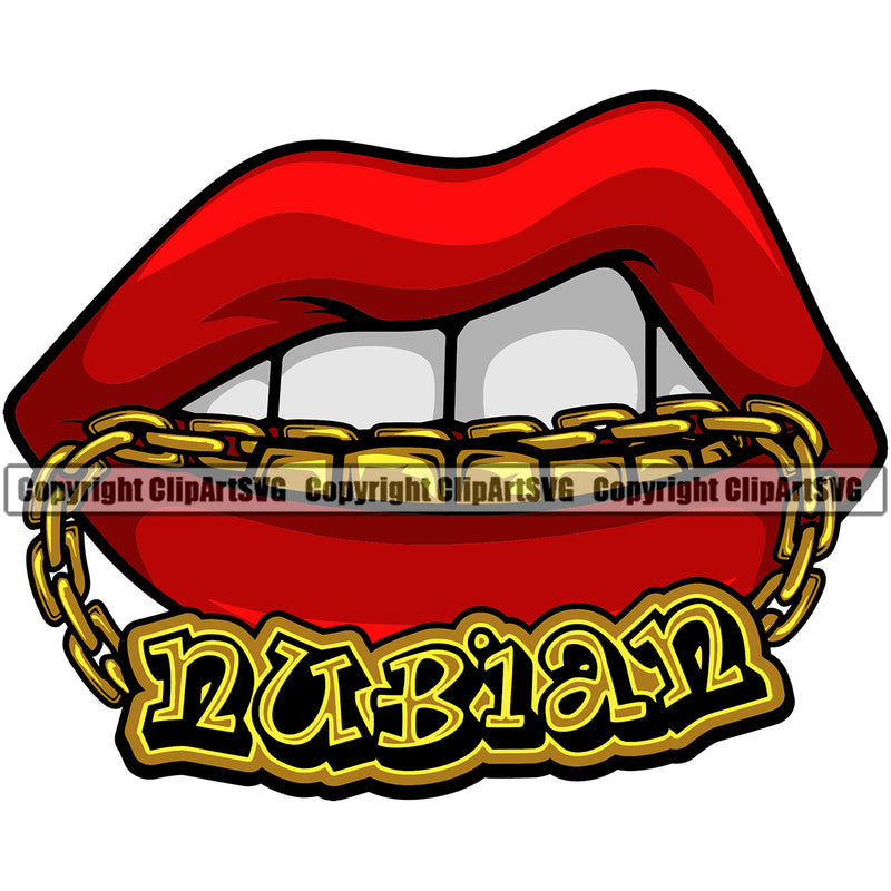 Lips Mouth Gold Teeth Bite Biting Gold Chain Necklace Nubian Text Design Element Face Woman Female Girl Lady Position Head Cartoon Character Mascot Creation Create Art Artwork Creator Business Gangster Grill Thug Mean Mug Bling Jewelry Logo Clipart SVG