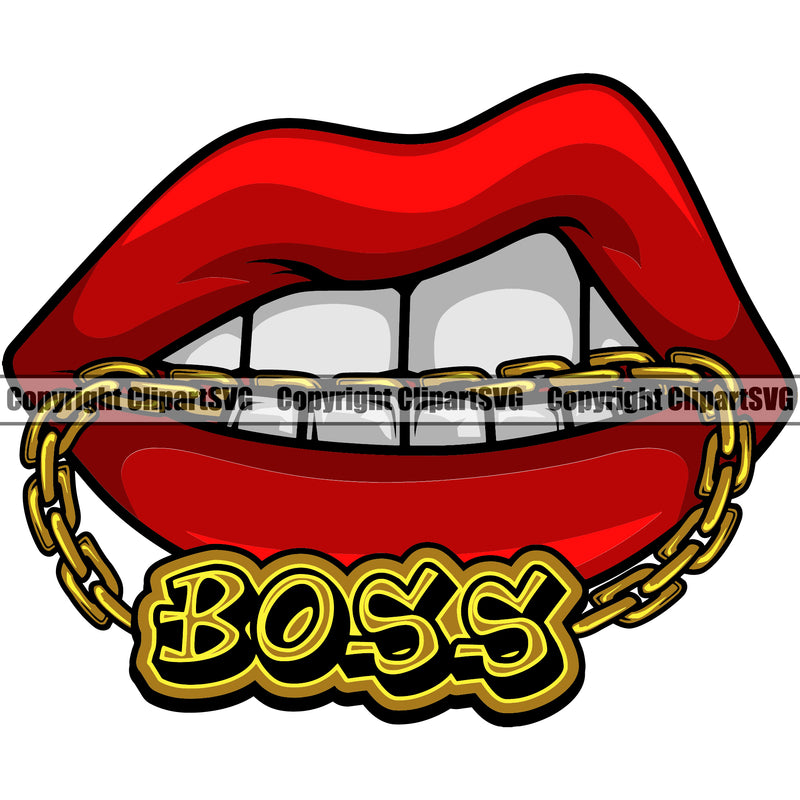 Lips Mouth Teeth Bite Biting Gold Chain Necklace With Boss Text Woman Female Girl Lady Design Element Face Gangster Grill Thug Mean Mug Mouth Position Head Cartoon Character Mascot Creation Create Art Artwork Creator Business Company Logo Clipart SVG