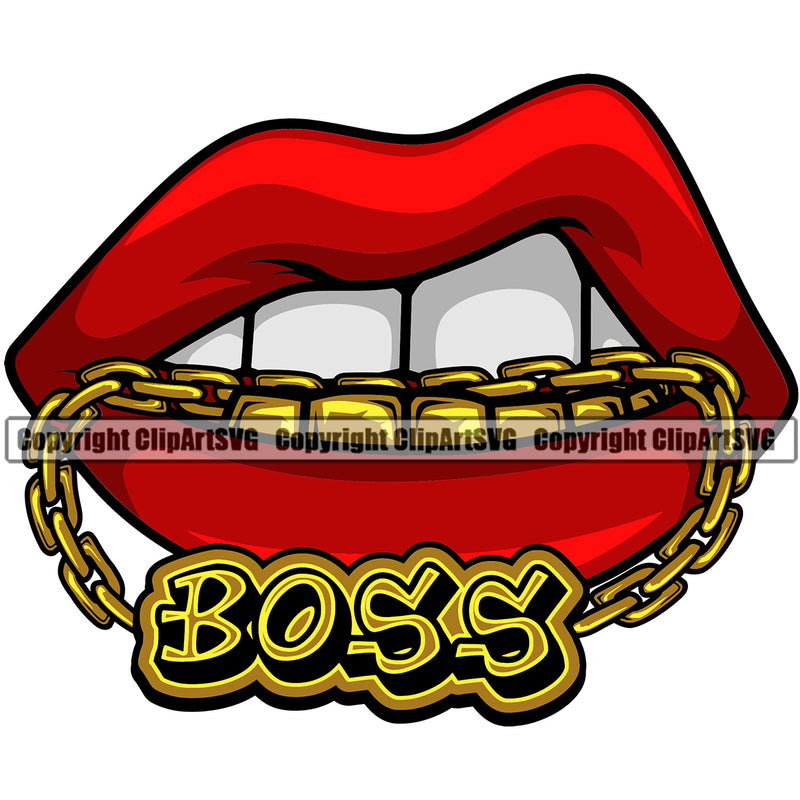 Lips Mouth Gold Teeth Bite Biting Gold Chain Necklace Boss Text Design Element Face Mouth Male Man Boy Position Head Cartoon Character Mascot Creation Create Art Artwork Creator Business Company Logo Clipart SVG