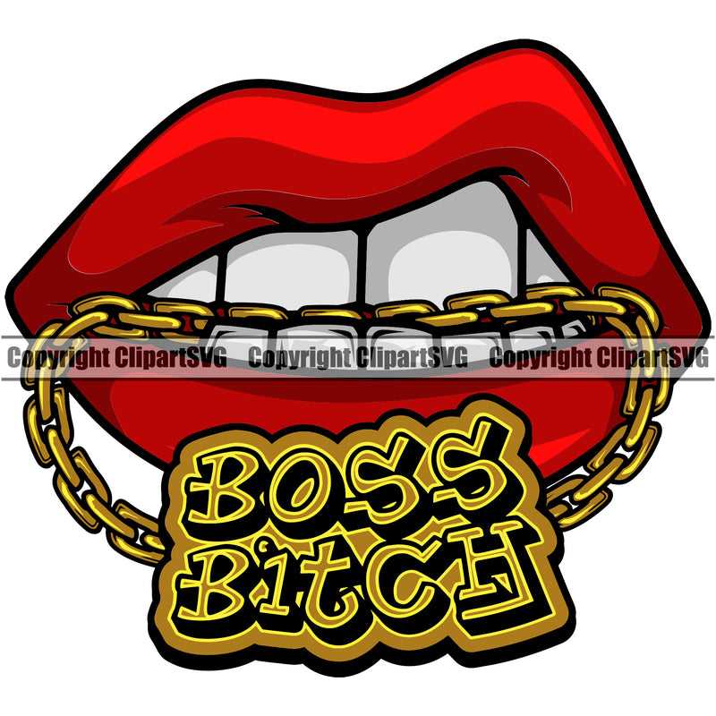 Lips Mouth Teeth Bite Biting Gold Chain Necklace Boss Bitch Text Design Element Male Man Boy Face Sexy Position Head Cartoon Character Mascot Creation Create Art Artwork Creator Business Company Logo Clipart SVG