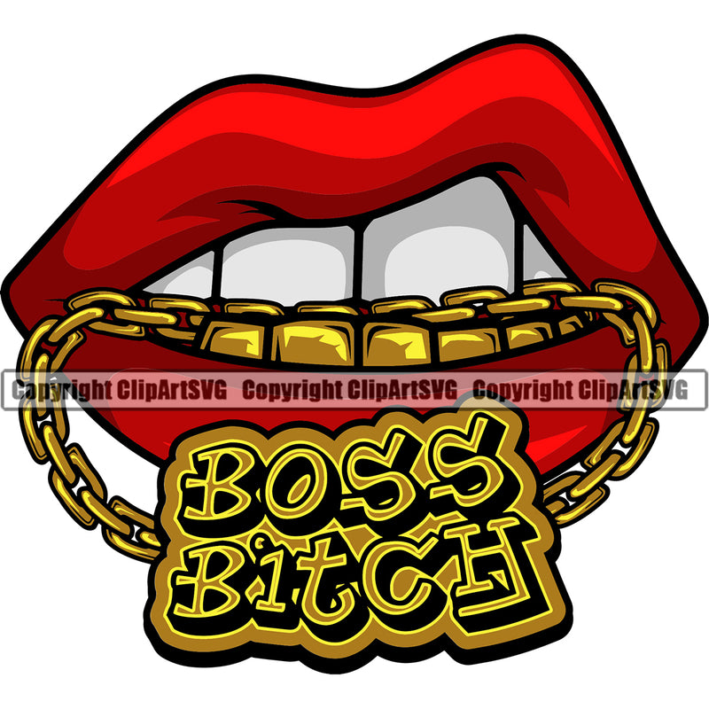 Lips Mouth Gold Teeth Bite Biting Gold Chain Necklace Boss Bitch Design Element Face Mouth Male Man Boy Position Head Cartoon Character Mascot Gangster Grill Thug Mean Mug Bling Jewelry Create Art Artwork Creator Business Company Logo Clipart SVG