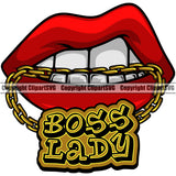 Lips Mouth Teeth Bite Biting Gold Chain Necklace Boss Lady Text Design Element Face Sexy Position Head Cartoon Woman Female Girl Lady Character Mascot Creation Create Art Artwork Creator Business Company Logo Clipart SVG
