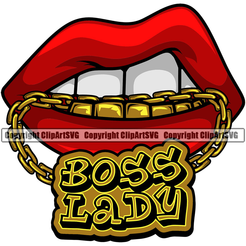 Lips Mouth Teeth Bite Biting Gold Chain Necklace Boss Lady Text Design Element Woman Female Girl Face Sexy Gangster Grill Thug Mean Position Head Cartoon Character Mascot Creation Create Art Artwork Creator Business Company Logo Clipart SVG