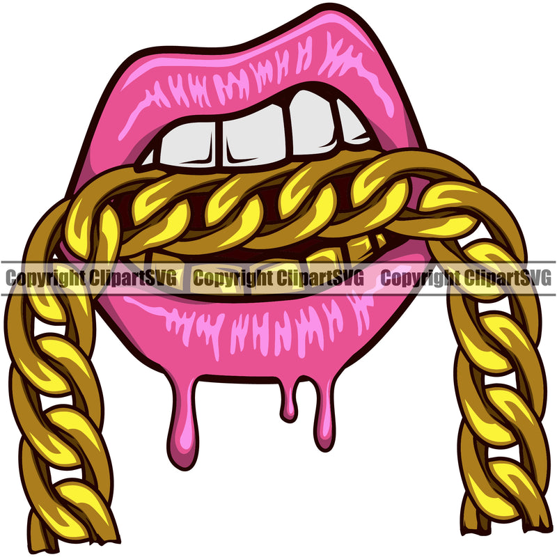 Lips Mouth Bottom Gold Teeth Bite Biting Gold Chain Necklace Design Element Pink Color Dripping Woman Female Girl Lady Sexy Position Head Cartoon Character Mascot Creation Create Creator Gangster Grill Thug Mean Mug Jewelry Company Logo Clipart SVG