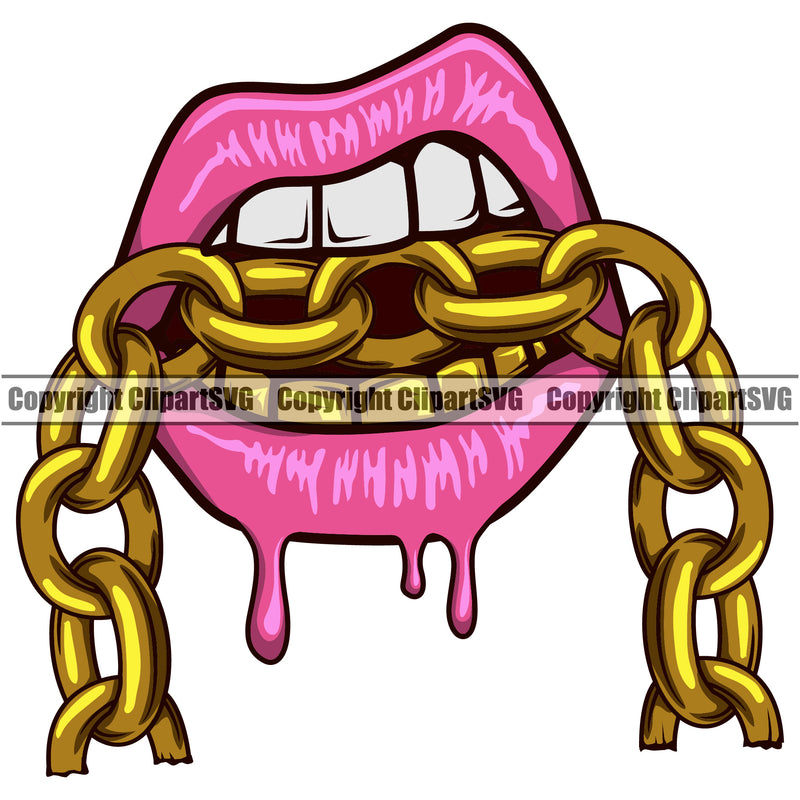 Lips Mouth Bottom Gold Teeth Bite Biting Gold Chain Necklace Design Element Dripping Face Sexy Gangster Grill Thug Mean Mug Bling Mouth Woman Female Girl Lady Position Head Cartoon Character Mascot Create Art Creator Business Company Logo Clipart SVG