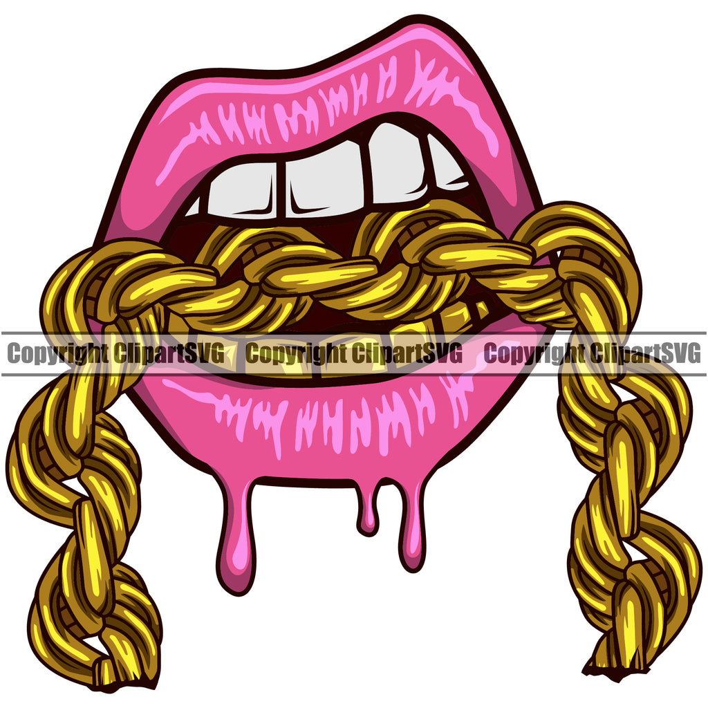 Lips Mouth Bottom Gold Teeth Bite Biting Gold Chain Necklace Design Element Dripping Face Sexy Woman Female Girl Lady Head Cartoon Character Mascot Creation Create Art Artwork Creator Gangster Grill Thug Mean Mug Bling Company Logo Clipart SVG
