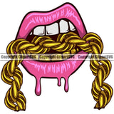 Lips Mouth Bottom Gold Teeth Bite Biting Gold Chain Necklace Design Element Dripping Face Sexy Woman Female Girl Lady Head Cartoon Character Mascot Creation Create Art Artwork Creator Gangster Grill Thug Mean Mug Bling Company Logo Clipart SVG