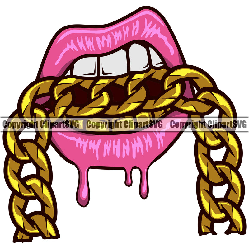 Lips Mouth Bottom Gold Teeth Bite Biting Gold Chain Necklace Design Element Dripping Face Sexy Gangster Grill Thug Mean Mug Bling Position Head Cartoon Character Mascot Creation Create Art Artwork Woman Female Girl Business Company Logo Clipart SVG