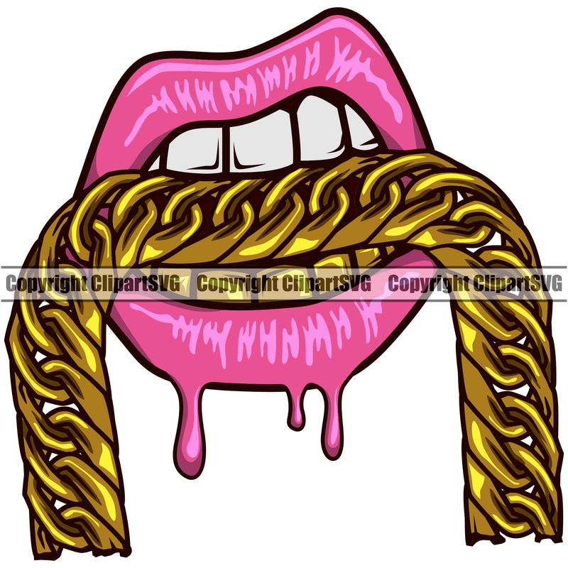 Lips Mouth Bottom Gold Teeth Bite Biting Gold Chain Necklace Dripping Design Element Face Sexy Gangster Grill Thug Mean Mug Bling Jewelry Woman Female Girl Lady Position Head Mascot Creation Create Art Artwork Creator Business Company Logo Clipart SVG