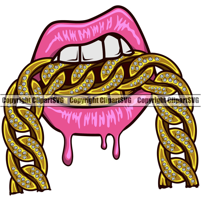 Lips Mouth Teeth Bite Biting Gold Chain Necklace Design Element Dripping Face Sexy Position Gangster Grill Thug Mean Bling Jewelry Woman Female Girl Head Cartoon Character Mascot Creation Create Art Artwork Creator Business Company Logo Clipart SVG